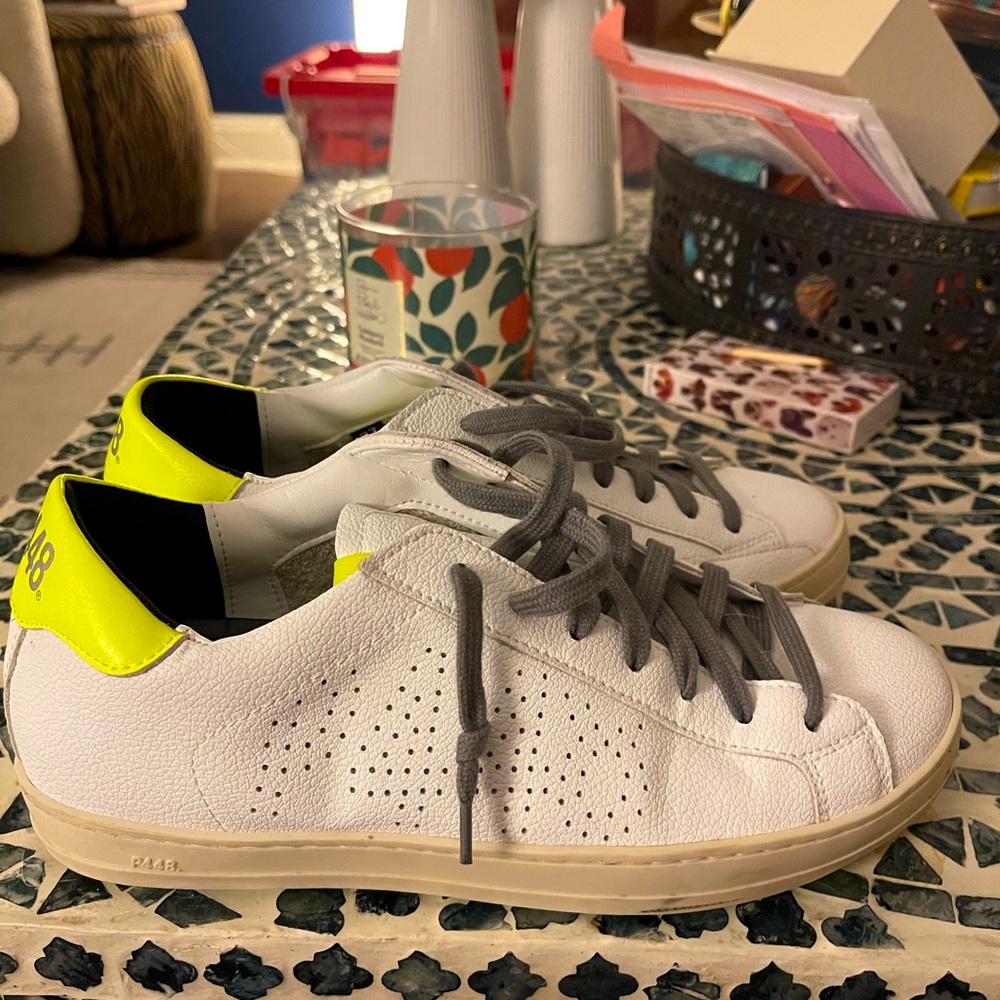 P448 Recycled John White Lace Up Sneakers with Neon Yellow Accents Renew 💚